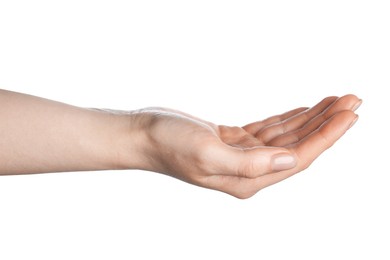Photo of Woman holding something in hand on white background, closeup