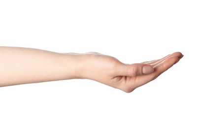 Photo of Woman holding something in hand on white background, closeup