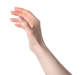 Photo of Woman holding something in hand on white background, closeup