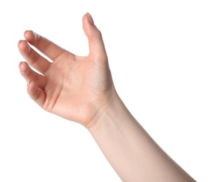Photo of Woman holding something in hand on white background, closeup