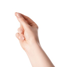 Photo of Woman holding something in hand on white background, closeup