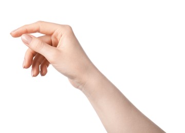 Photo of Woman holding something in hand on white background, closeup