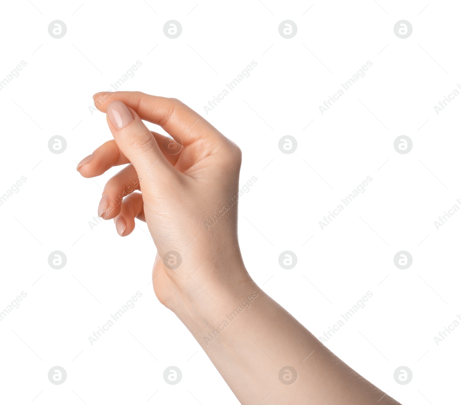 Woman holding something in hand on white background, closeup Photo of Woman holding something in hand on white background, closeup