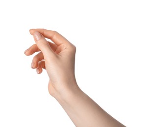 Photo of Woman holding something in hand on white background, closeup