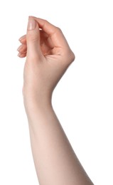 Photo of Woman holding something in hand on white background, closeup