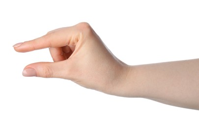 Photo of Woman holding something in hand on white background, closeup