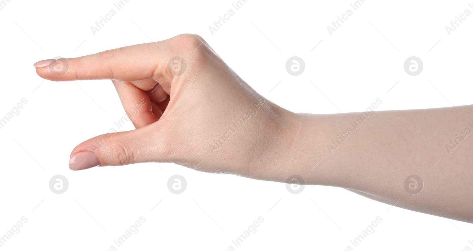 Woman holding something in hand on white background, closeup Photo of Woman holding something in hand on white background, closeup