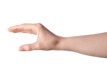Photo of Woman holding something in hand on white background, closeup