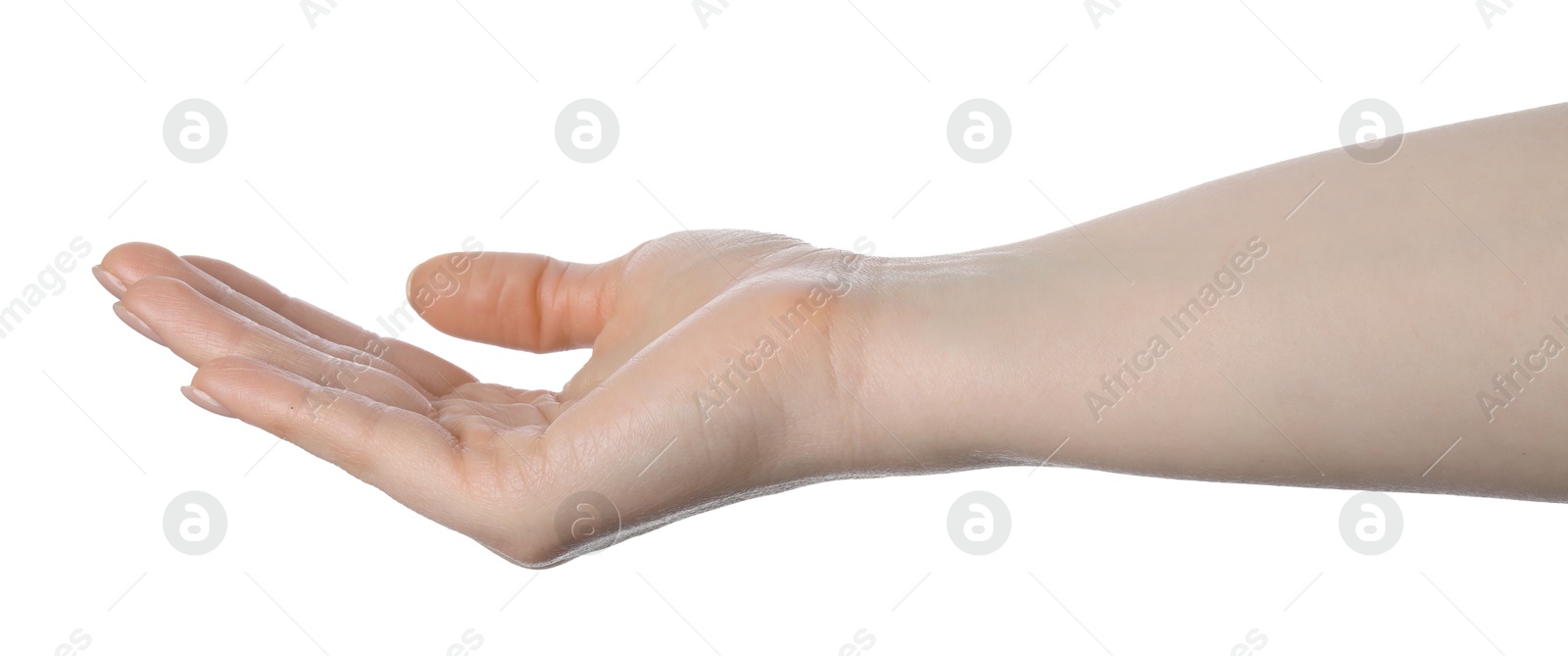 Woman holding something in hand on white background, closeup Photo of Woman holding something in hand on white background, closeup