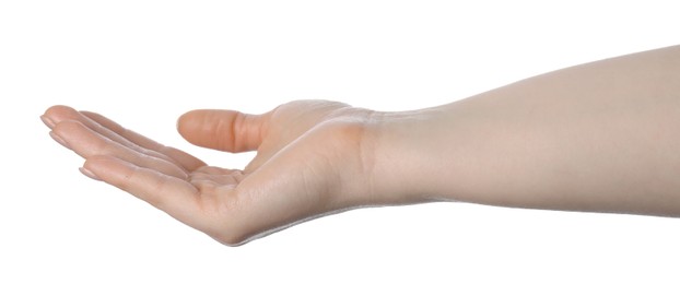 Photo of Woman holding something in hand on white background, closeup