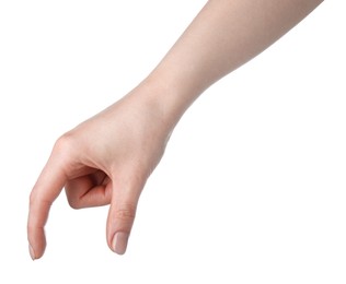 Photo of Woman holding something in hand on white background, closeup