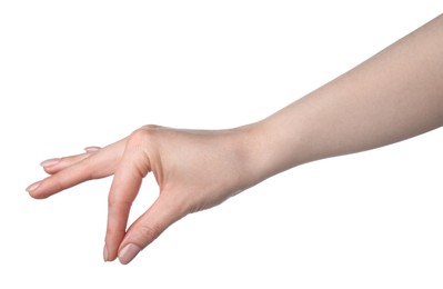 Photo of Woman holding something in hand on white background, closeup