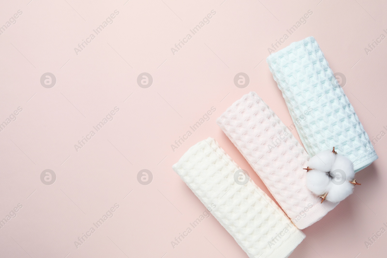 Clean waffle towels and cotton flower on light pink background, flat lay. Space for text Photo of Clean waffle towels and cotton flower on light pink background, flat lay. Space for text