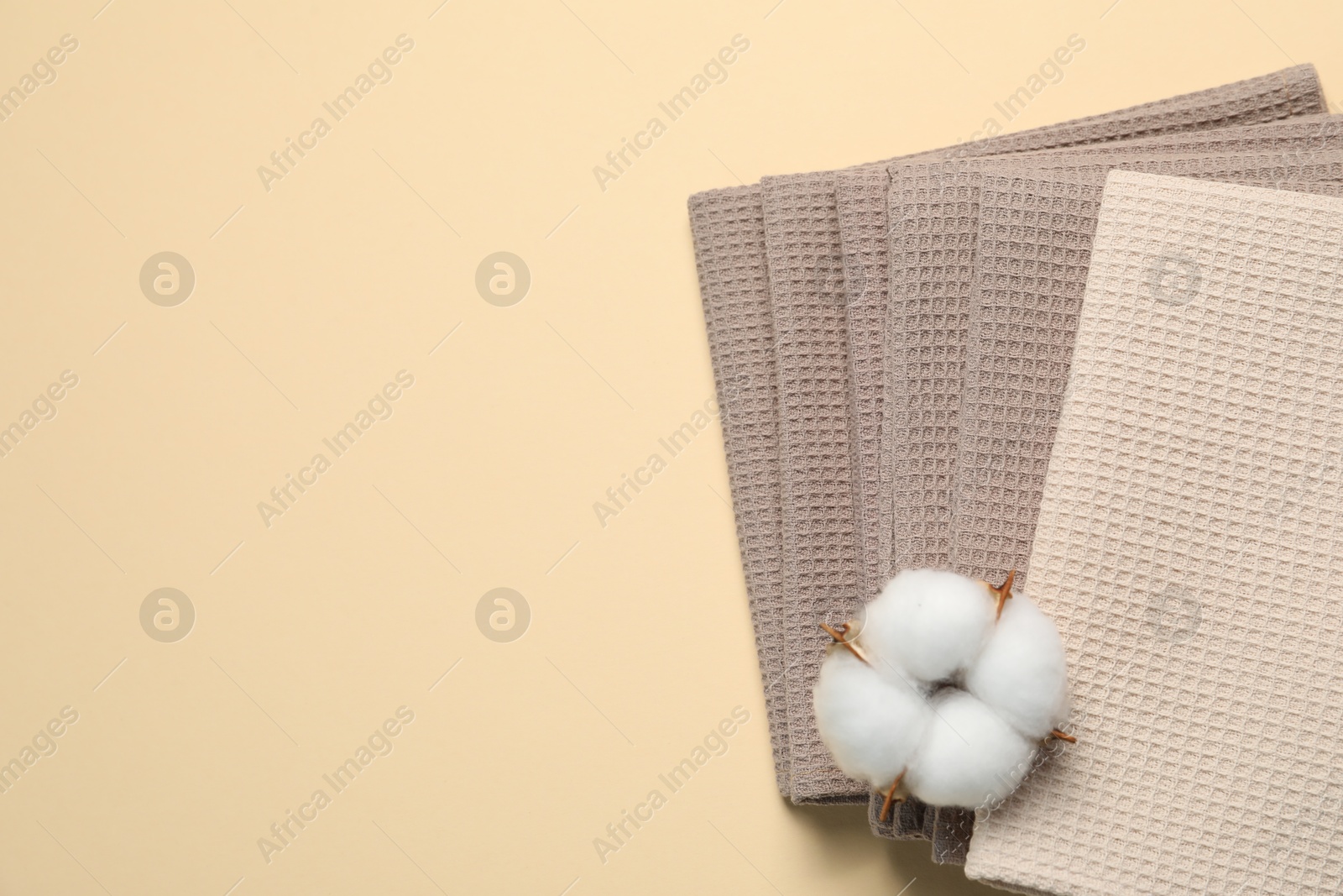 Clean waffle towels and cotton flower on beige background, top view. Space for text Photo of Clean waffle towels and cotton flower on beige background, top view. Space for text