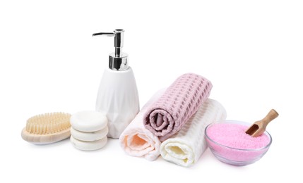 Photo of Clean waffle towels and cosmetic products isolated on white