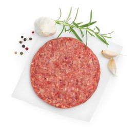 Photo of Fresh raw patty for burger and spices isolated on white, top view
