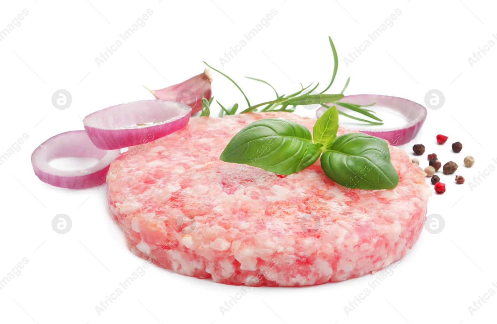Fresh raw patty for burger and spices isolated on white Photo of Fresh raw patty for burger and spices isolated on white