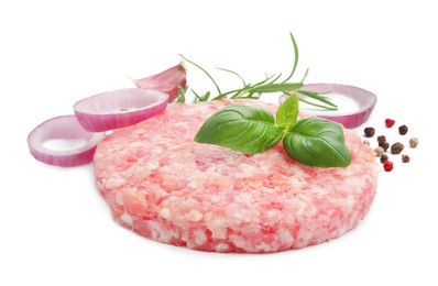 Photo of Fresh raw patty for burger and spices isolated on white