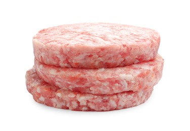 Photo of Fresh raw patties for burger isolated on white