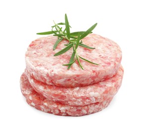 Photo of Fresh raw patties for burger and rosemary isolated on white