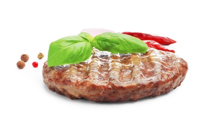 Photo of Delicious hamburger patty and spices isolated on white