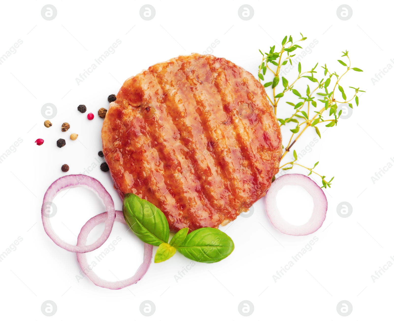 Photo of Delicious hamburger patty and spices isolated on white, top view