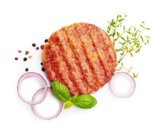 Photo of Delicious hamburger patty and spices isolated on white, top view