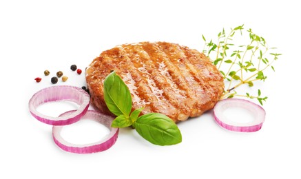 Photo of Delicious hamburger patty and spices isolated on white