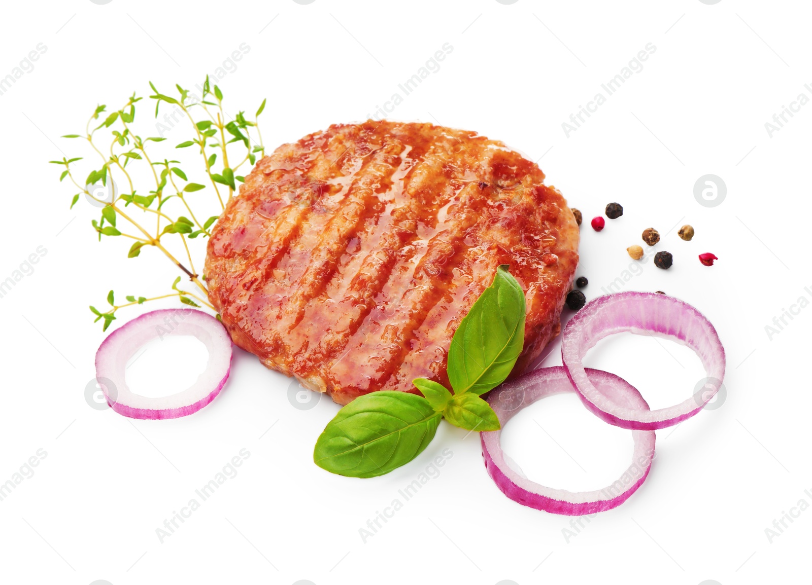 Delicious hamburger patty and spices isolated on white Photo of Delicious hamburger patty and spices isolated on white