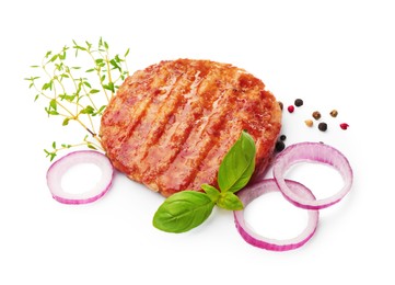 Photo of Delicious hamburger patty and spices isolated on white