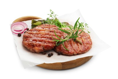 Photo of Delicious hamburger patties and spices isolated on white