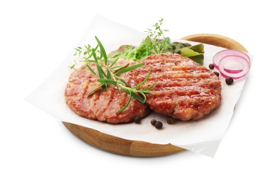 Photo of Delicious hamburger patties and spices isolated on white