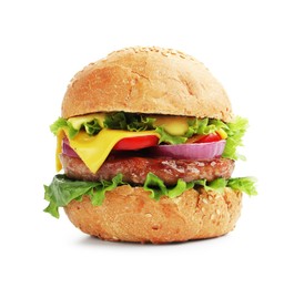 Photo of Delicious hamburger with patty and cheese isolated on white