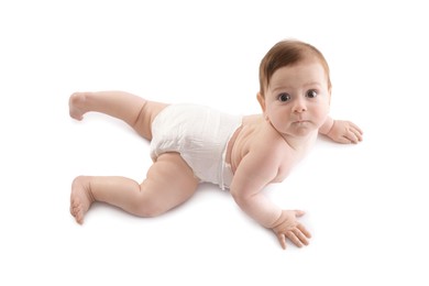 Photo of Cute little baby crawling on white background