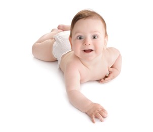 Photo of Cute little baby crawling on white background
