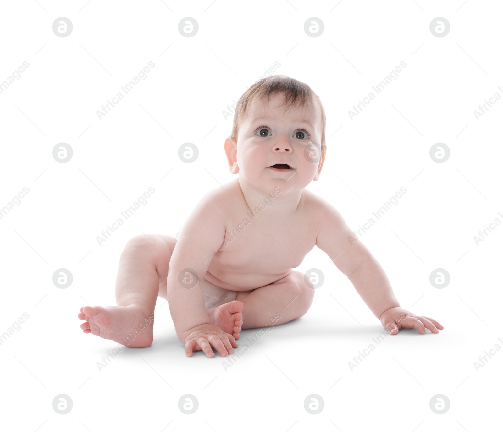 Cute little baby crawling on white background Photo of Cute little baby crawling on white background