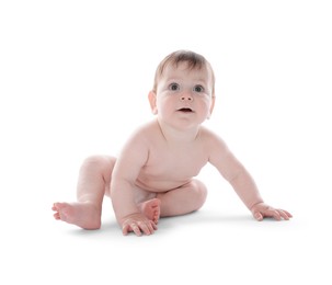 Photo of Cute little baby crawling on white background