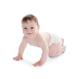 Photo of Cute little baby crawling on white background