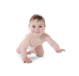 Photo of Cute little baby crawling on white background