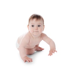 Photo of Cute little baby crawling on white background