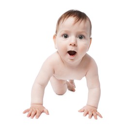 Photo of Cute little baby crawling on white background