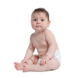 Photo of Cute little baby in diaper sitting on white background