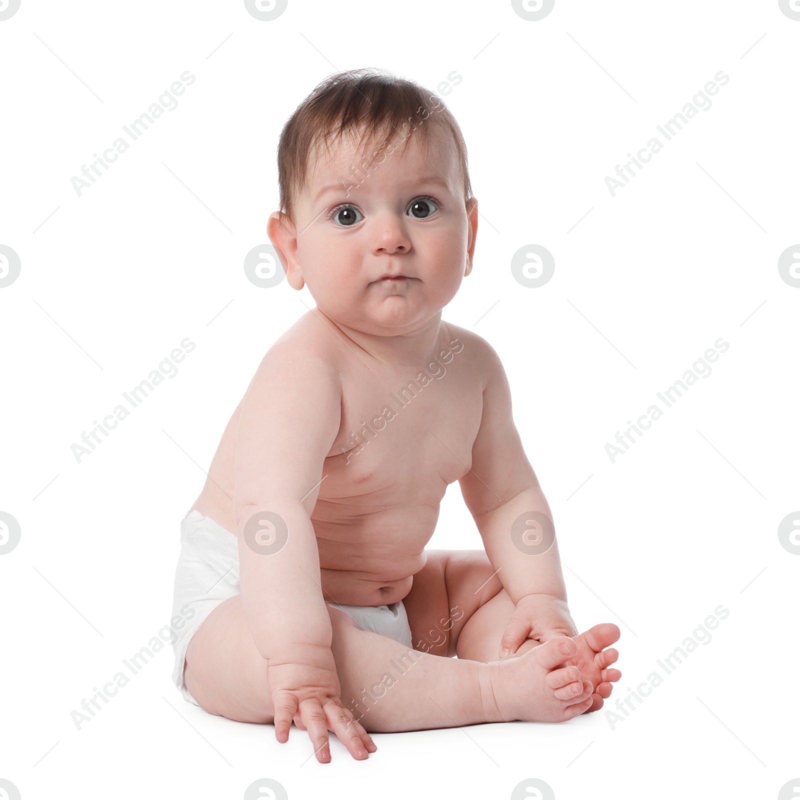 Cute little baby in diaper sitting on white background Photo of Cute little baby in diaper sitting on white background