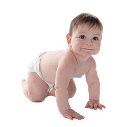 Photo of Cute little baby crawling on white background