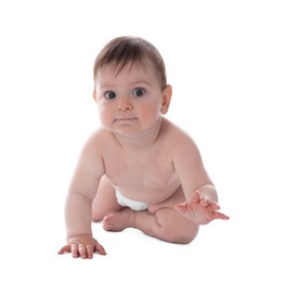 Photo of Cute little baby crawling on white background