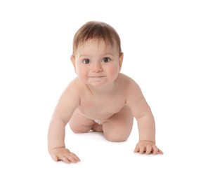 Photo of Cute little baby crawling on white background