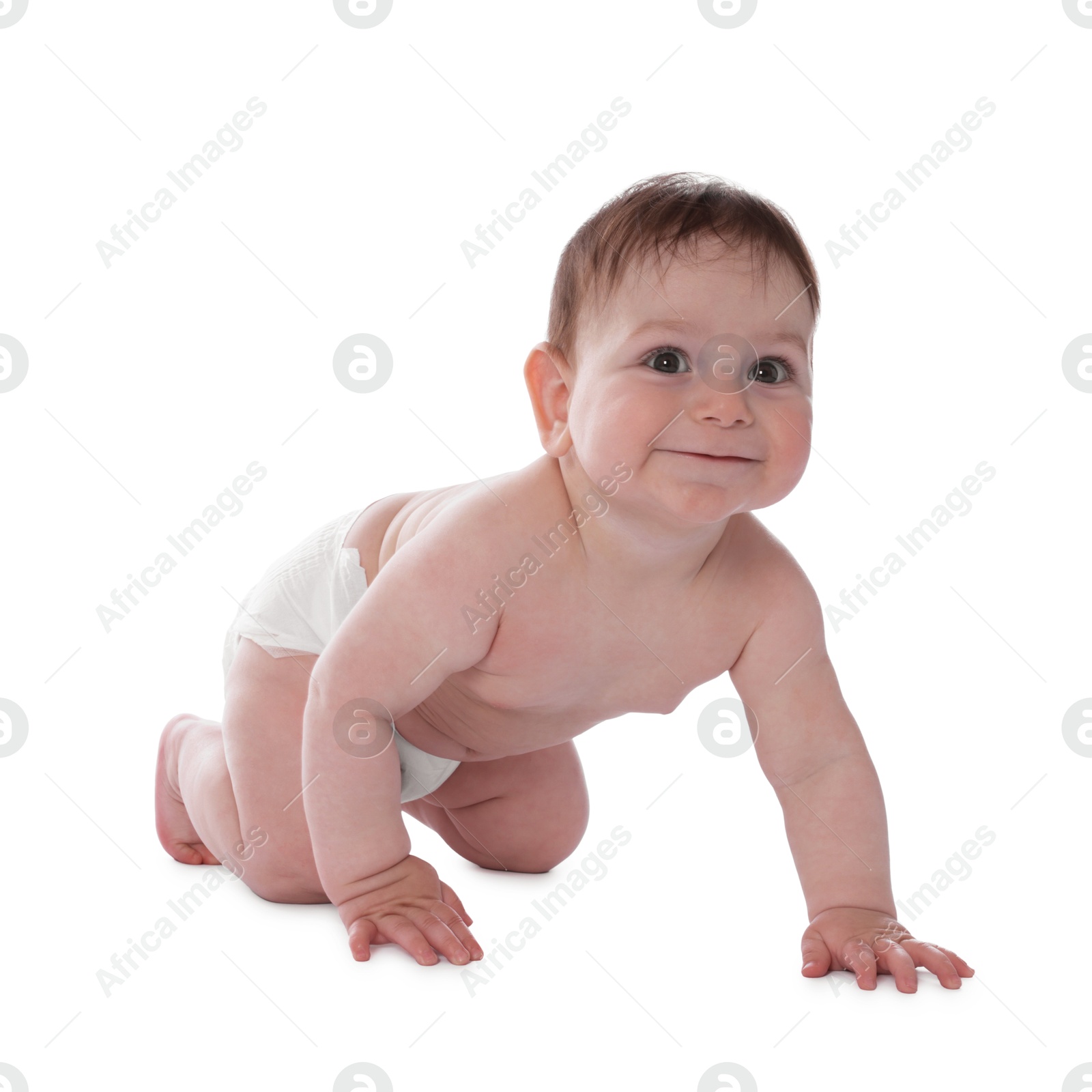 Cute little baby crawling on white background Photo of Cute little baby crawling on white background