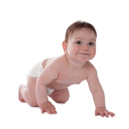 Photo of Cute little baby crawling on white background