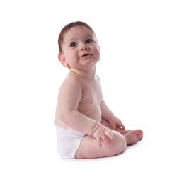Photo of Cute little baby in diaper sitting on white background