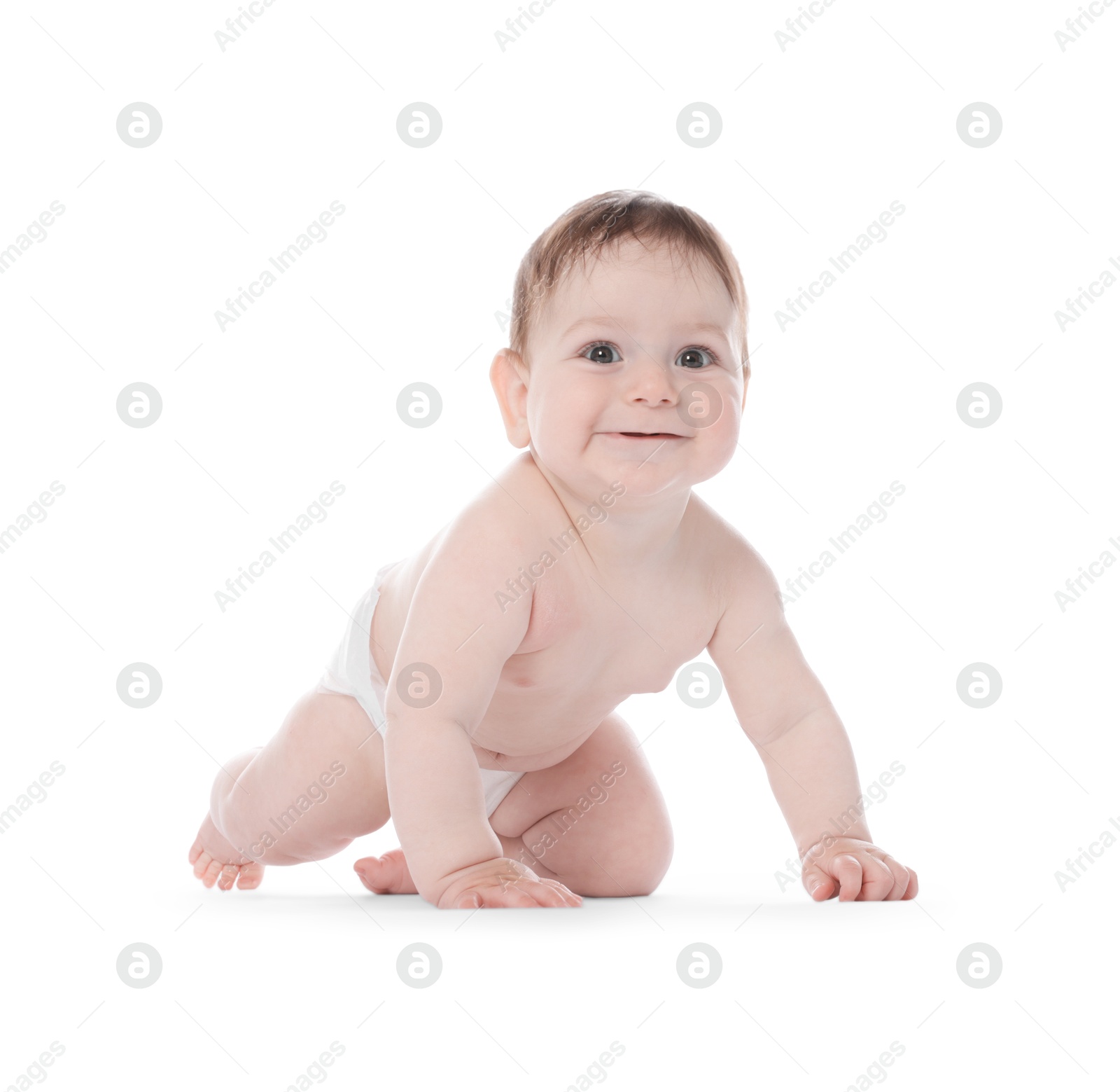 Cute little baby crawling on white background Photo of Cute little baby crawling on white background